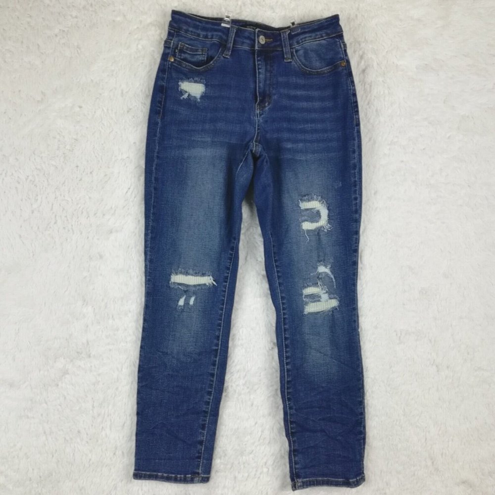 Judy Blue Womens Jeans Boyfriend Blue Denim Patched Medium Wash Mid Rise 26